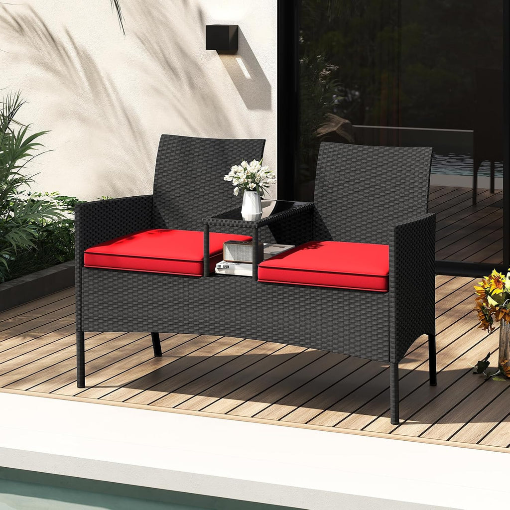 Tangkula Patio Loveseat with Built-in Table, Wicker 2-Seat Furniture with Soft Cushions & Tempered Glass Tabletop, Metal Frame Outdoor Conversation Seating Bench for Backyard, Porch