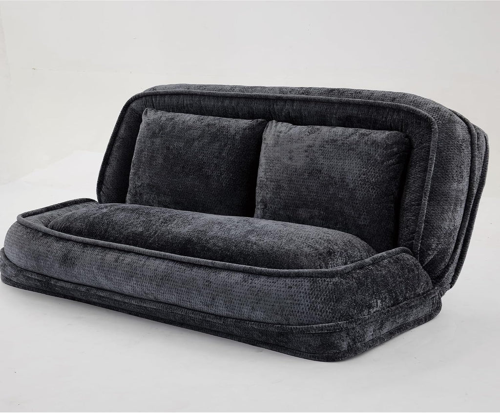 Floor Chair with Back Support, Human Dog Bed, Folding Loveseat with 5 Adjustable Position, 2 Back Cushions, Chenille Meditation Gaming Chair for Lazy Boys, Living Room, Lounge, Bedroom, Black