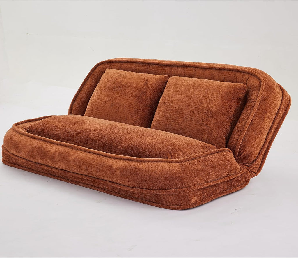 Floor Chair with Back Support, Human Dog Bed, Folding Loveseat with 5 Adjustable Position, 2 Back Cushions, Chenille Meditation Gaming Chair for Lazy Boys, Living Room, Lounge, Bedroom, Orange