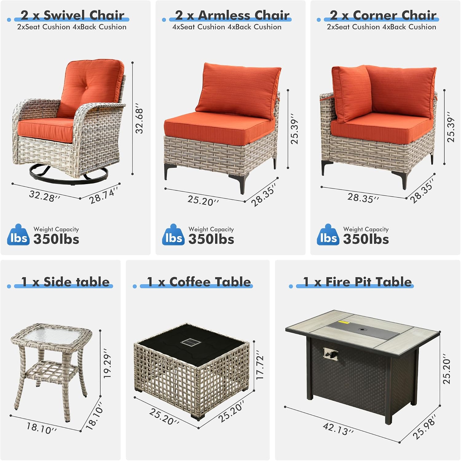 Outdoor Sectional Patio Furniture Set with Swivel Rocking Chairs,9 Pieces Wicker Conversation Sets L Shaped Couch Out Door Sofa Set Outside Furniture for Garden Deck Yard Porch,Orange Red