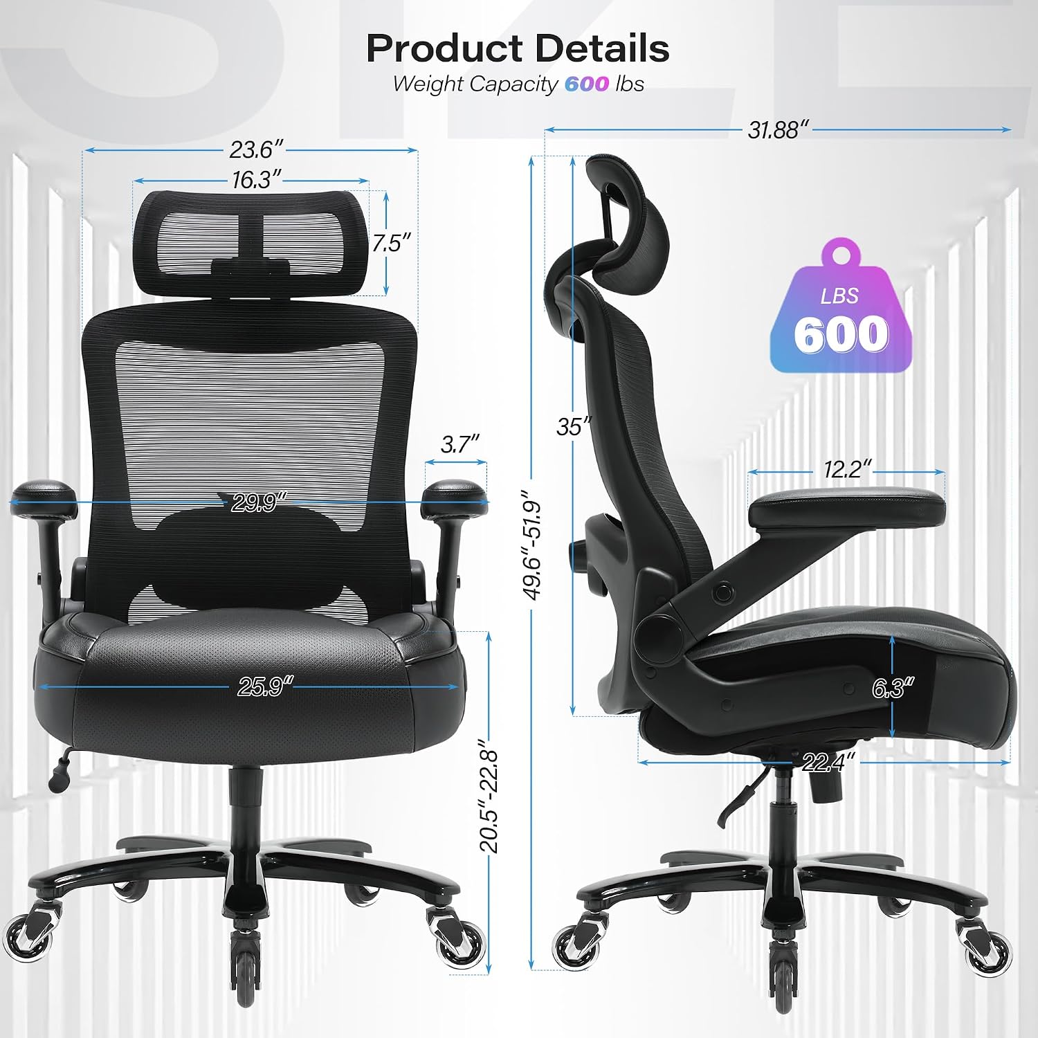 Big and Tall Office Chair 600lbs with 3D Flip Arms Adjustable Headrest - Heavy Duty Large Wheels Executive Computer Desk Chair, Ergonomic Lumbar Support Mesh High Back Plus Size Chair for Adults