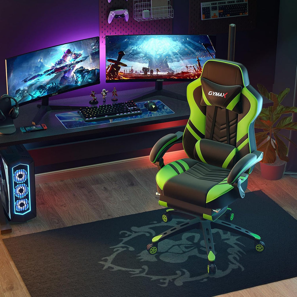 POWERSTONE Gaming Chair Video Game Chair with Footrest and Lumbar Support Racing Style PU Leather Computer Chair Ergonomic Adjustable Swivel Task Chair Green
