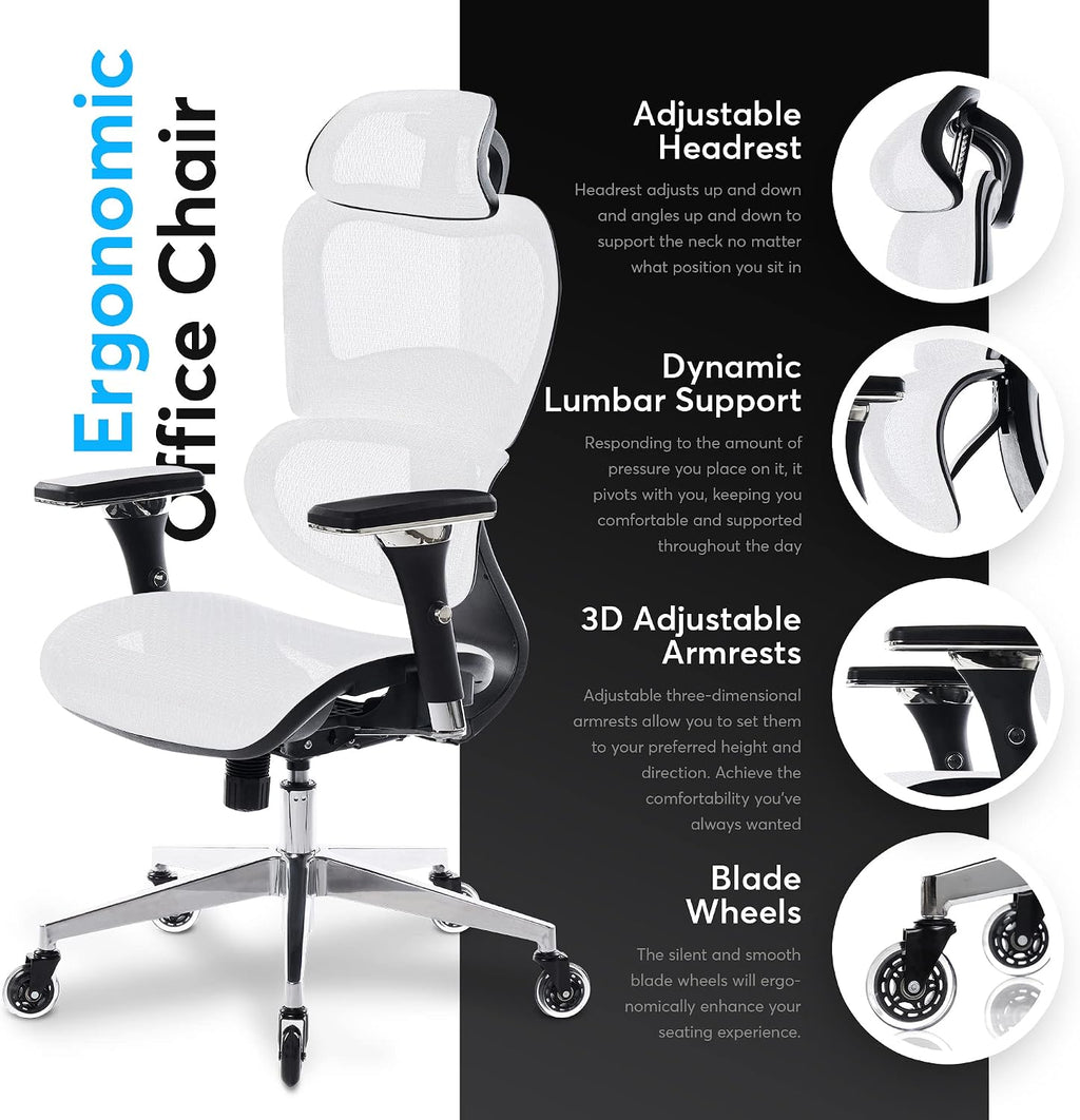 Oline ErgoPro Ergonomic Office Chair with 4D Adjustable Armrest, 3D Lumbar Support and Blade Wheels - Mesh Computer Gaming Rolling Desk Executive Swivel Home Chair (White)