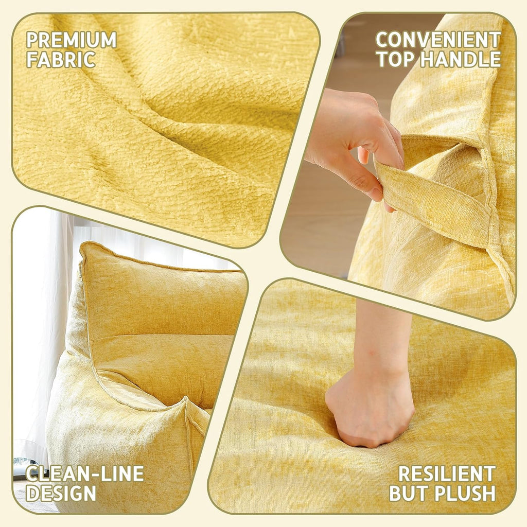 Oversized Fluffy Bean Bag Chair for Adults – Giant Cozy Bean Bag Sofa Chair with Armrests, Handle & Non-Slip Base for Your Reading Nook, Bedroom or Living Room(Yellow-XL)