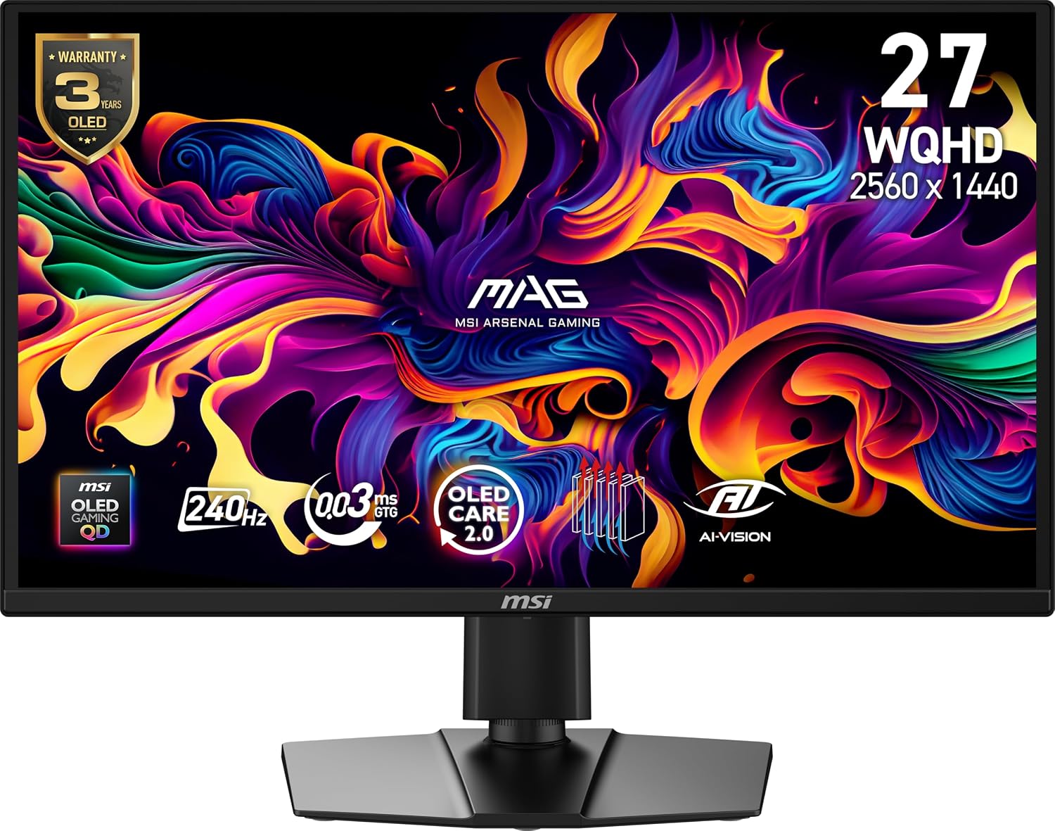 msi MAG 272QP QD-OLED X24 27-Inch WQHD Gaming Monitor, 2560 x 1440 Quantum Dot OLED Panel, 240Hz, 0.03ms, Adaptive-Sync, HDMI2.1, DP 1.4a, Tilt/Height Adjustable, Black