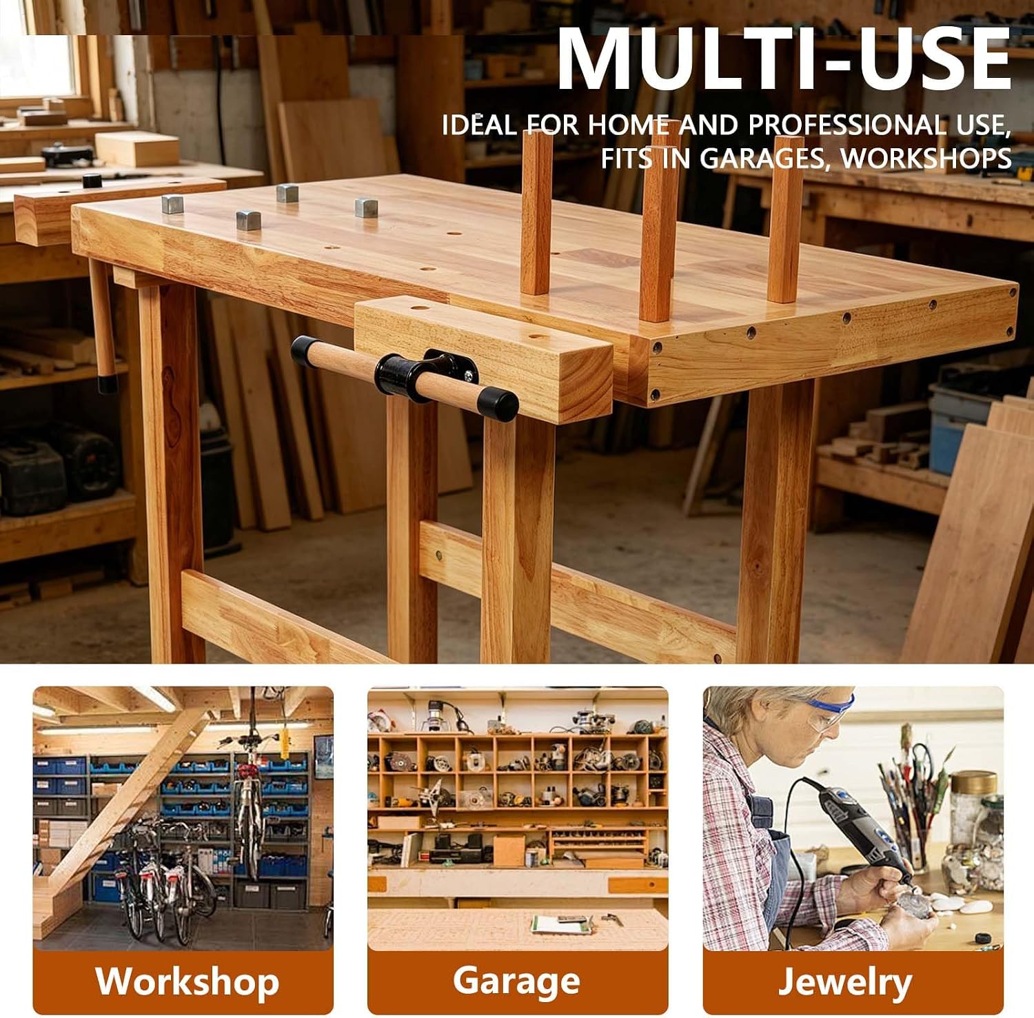 40' Rubber Wood Workbench, Heavy Duty Work Bench with Adjustable Handle, Work Bench Table for Garage, Workshop, Home Storage, Woodworking Bench, 330 lbs Weight Capacity (40')