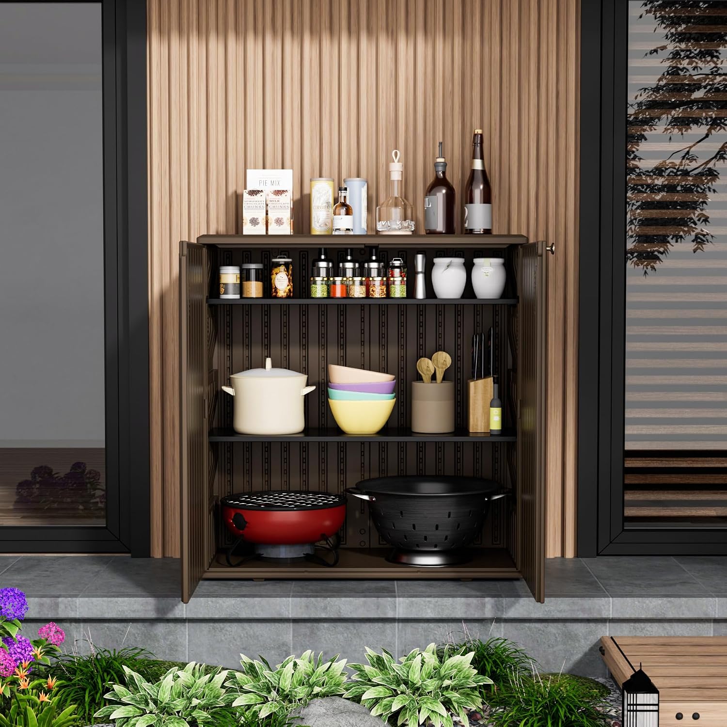 Mrosaa Storage Box Outdoor Caninet,Resin Indoor Storage Box Waterproof Outdoor Storage Cabinets for Patio/Garden/Backyard, Size 34.3''L*15''W*36.2''H(Brown)