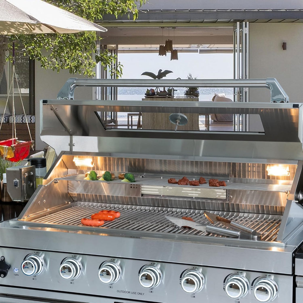 Modular Outdoor Kitchen BBQ Island, 85' Outdoor Kitchen Propane Gas Island Grill with Sink, Compact Refrigerator, Storage Cabinets, Rotisserie Kit (Silver, 85')