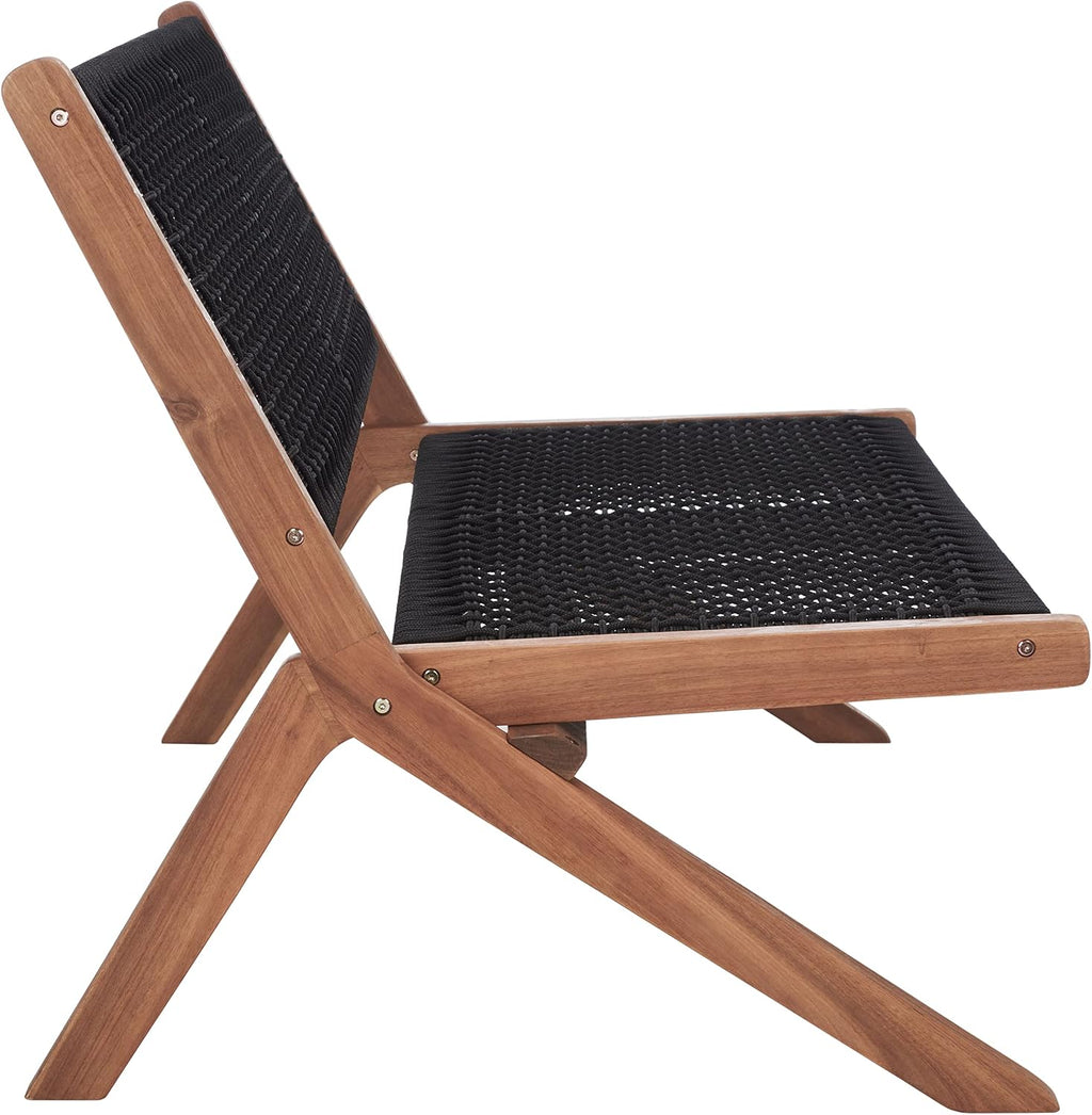 SAFAVIEH Outdoor - Kobina Folding Bench - Natural & Black - Solid Wood and Rope - Modern Sculpted Folding Design - Ideal for Patio, Deck, Porch, Backyard, 13.8' Seat Height (PAT7304E)