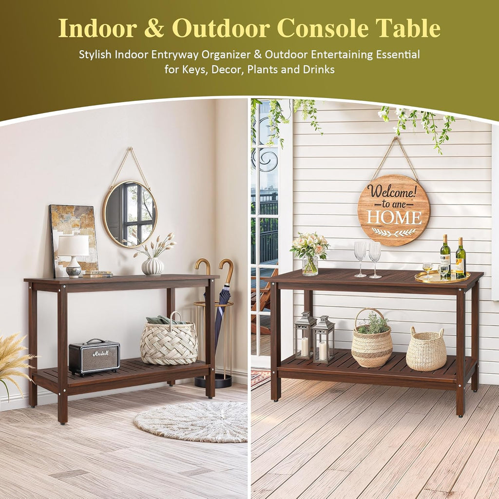 SUPER DEAL All-Weather Patio Bar Table Entry Console Table, 2-Shelf 48 inch Solid Wood Indoor Outdoor Multifunctional Buffet Storage Organizer with Adjustable Feet, Espresso