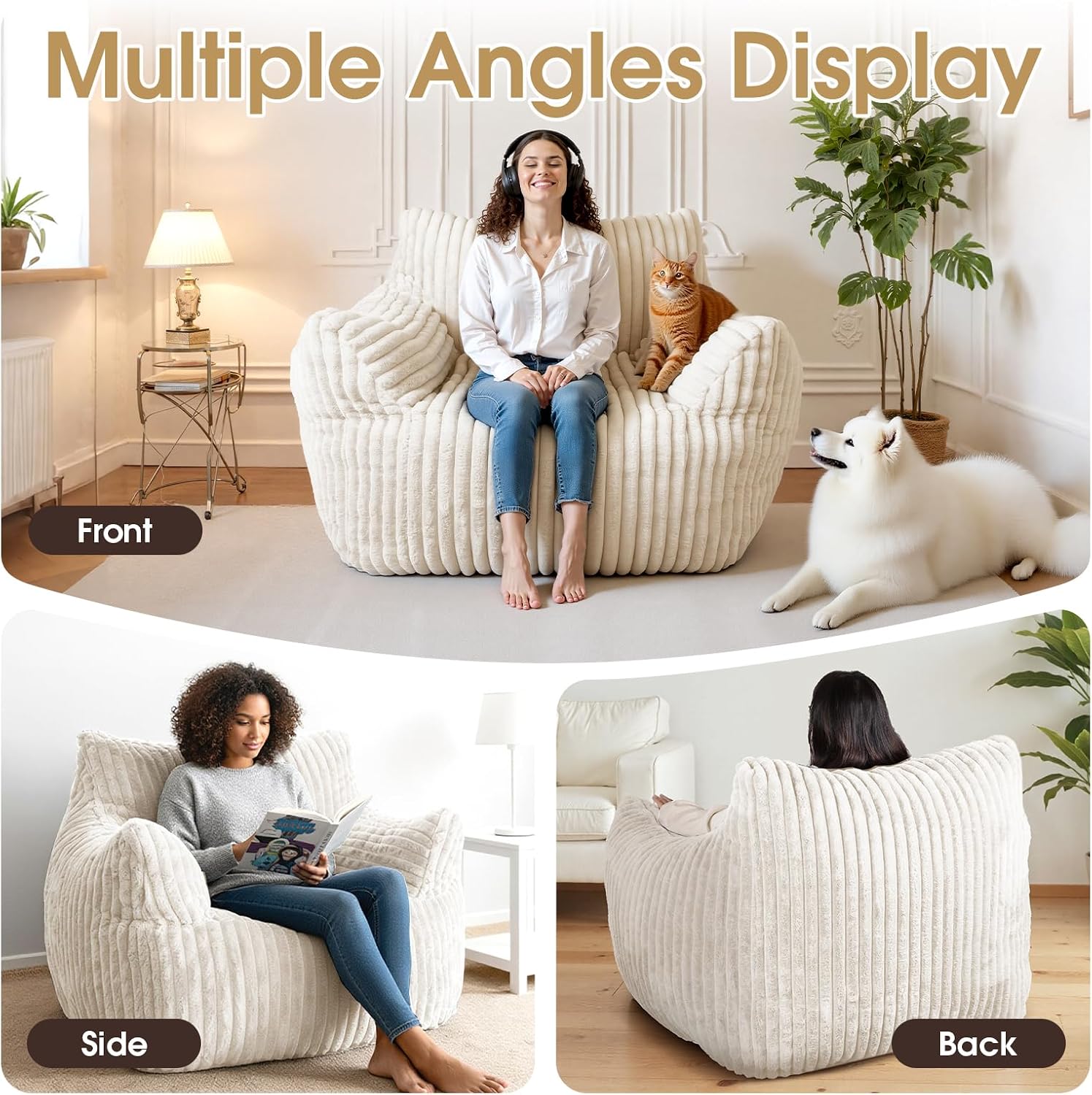 Giant Bean Bag Chair with Ottoman, Oversized Plush Comfy Bean Bag Sofa for Adults and Kids, Memory Foam Mini Couch Single Lounges for Living Room, Bedroom & Game Room(Beige)