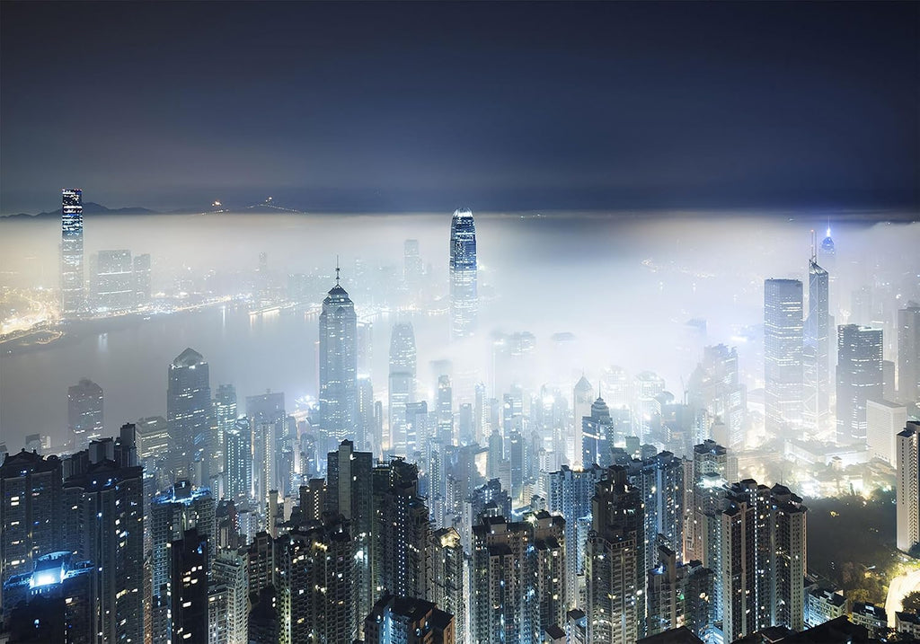 20X10ft Fabric Foggy Night City Skyline Backdrop Blue White Misty Skyscraper Background Urban Party Decorations Atmospheric Wall Hanging Tapestry Photo Studio Props