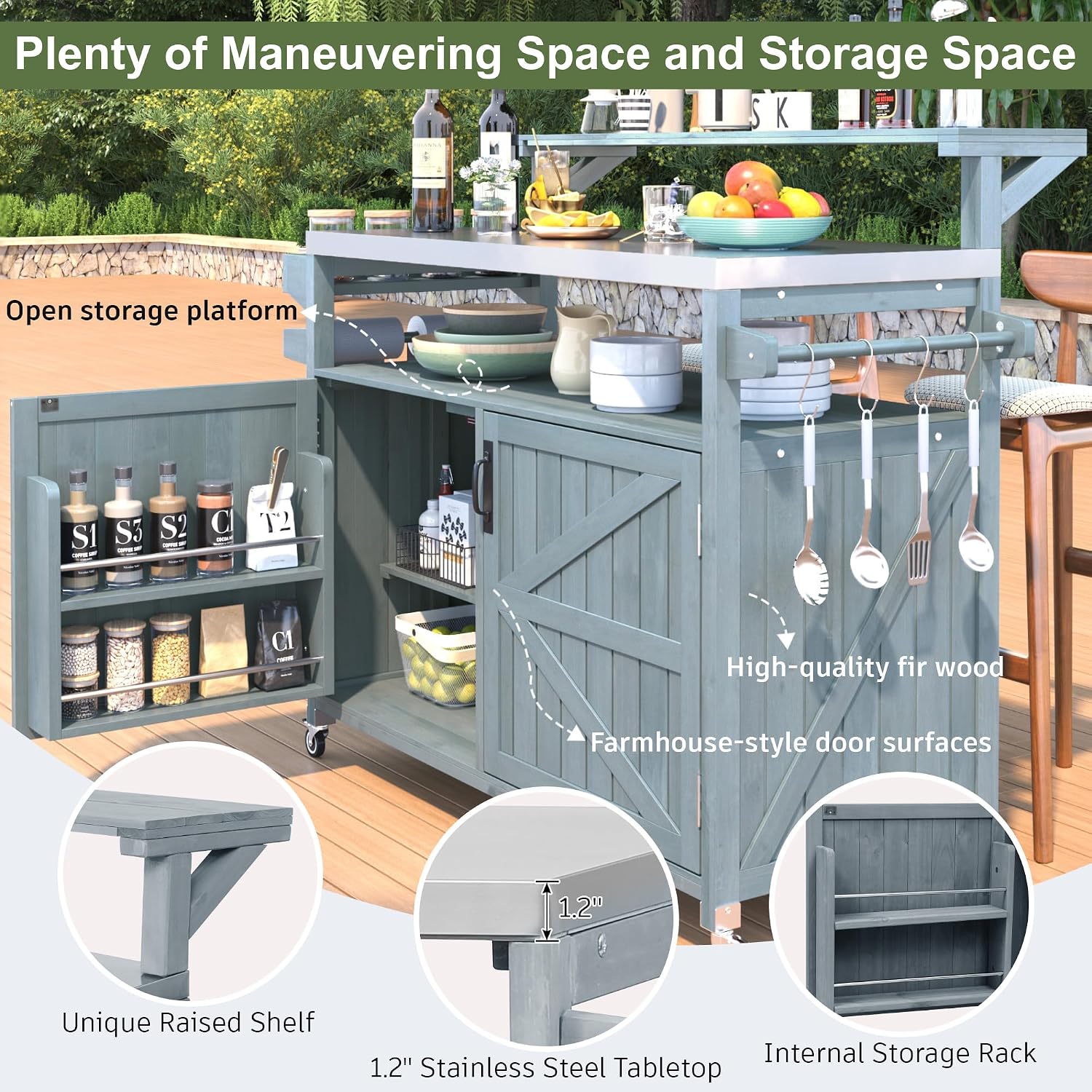 Merax Portable Outdoor Table with Stainless Steel Top for Kitchen Prep, Outdoor Storage Cabinet for Grilling Accessories, Grey Blue
