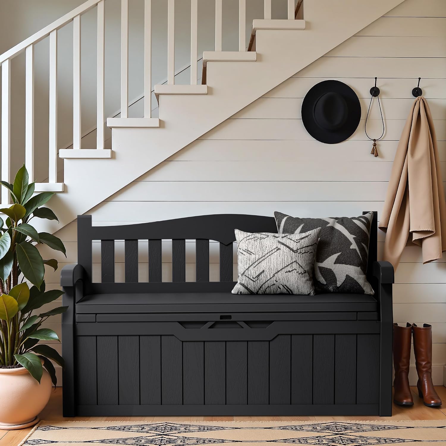 Greesum 80 Gallon Heavy-Duty Outdoor Storage Bench with Cushion, UV-Resistant Resin Bench with Armrest, Deck Box for Garden, Poolside, Patio, Black