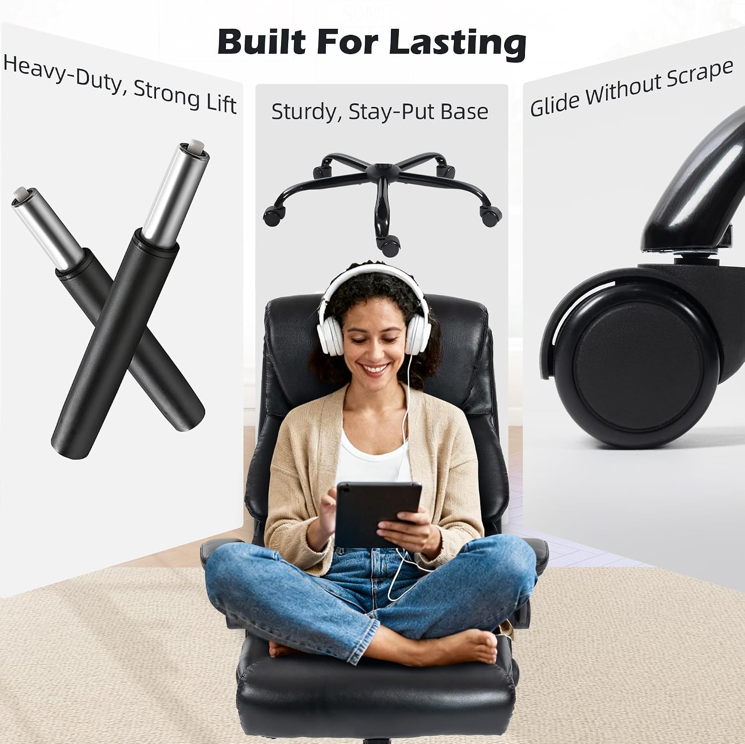 Office Chair - Ergonomic High Back Computer Desk Chair with Rocking Function & Lumbar Support - Executive Comfortable Wide Swivel Rolling Office Leather Chair with Flip-up Armrests for Home Gaming