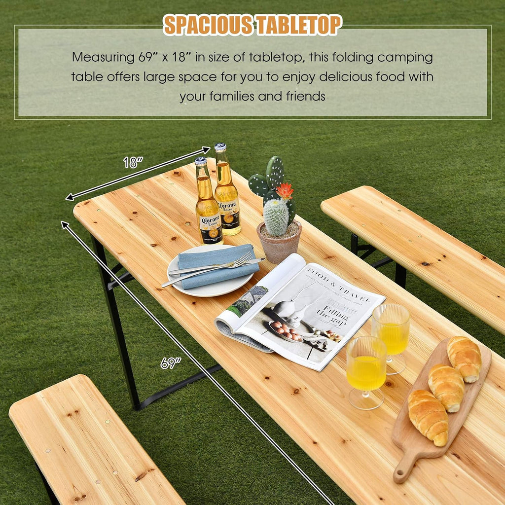 Giantex 70'' 3-Piece Portable Folding Picnic Beer Table with Seating Set Wooden Top Picnic Table for Patio Outdoor Activities Garden Use, 30'' Table Height