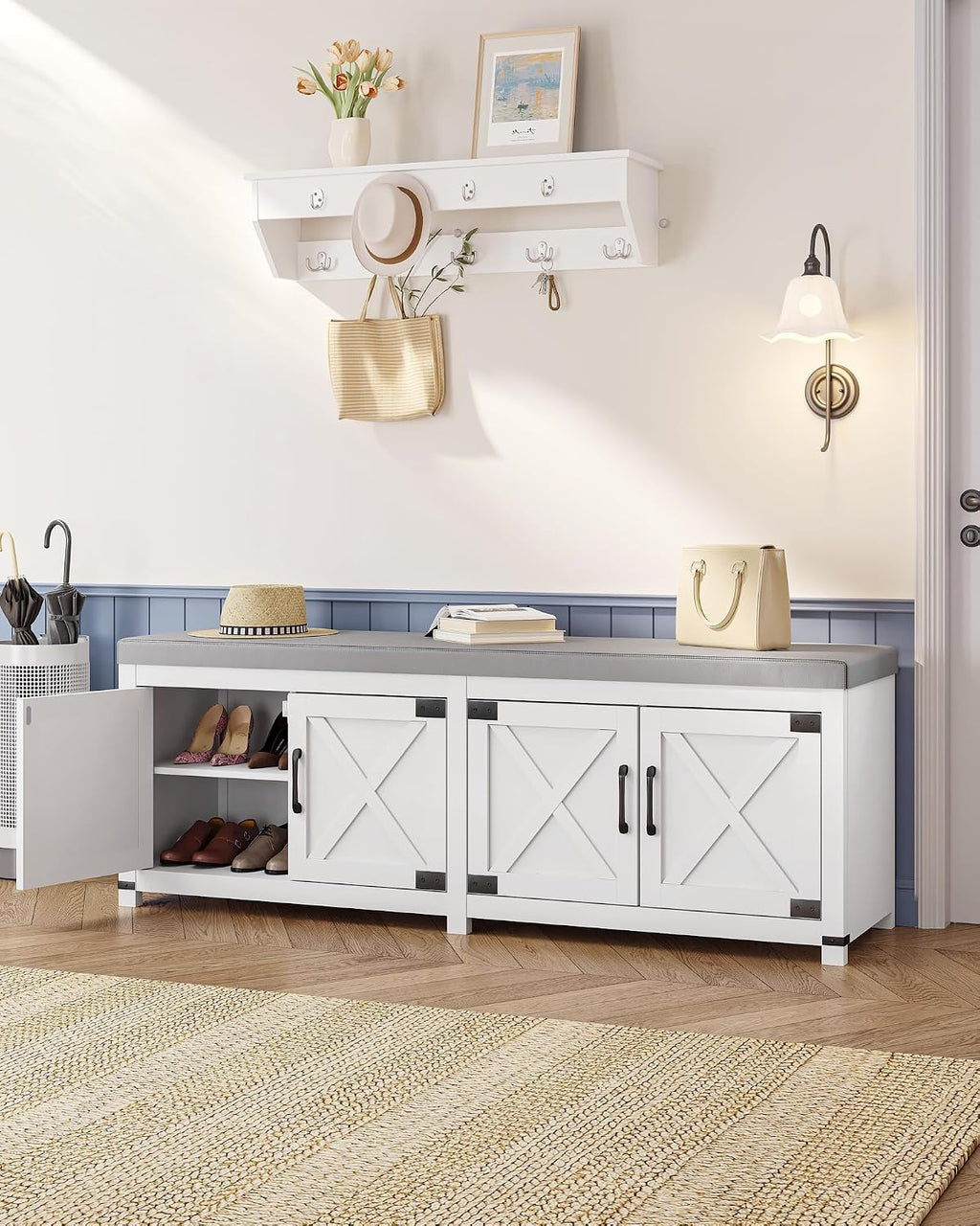 Hzuaneri Shoe Storage Bench, 2 Tier Shoe Bench with Padded Seat Cushion & 4 Barn Doors, 59' Entryway Bench with Adjustable Shelf, Farmhouse Shoe Cabinet for Living Room, Bedroom, White SB31503GY