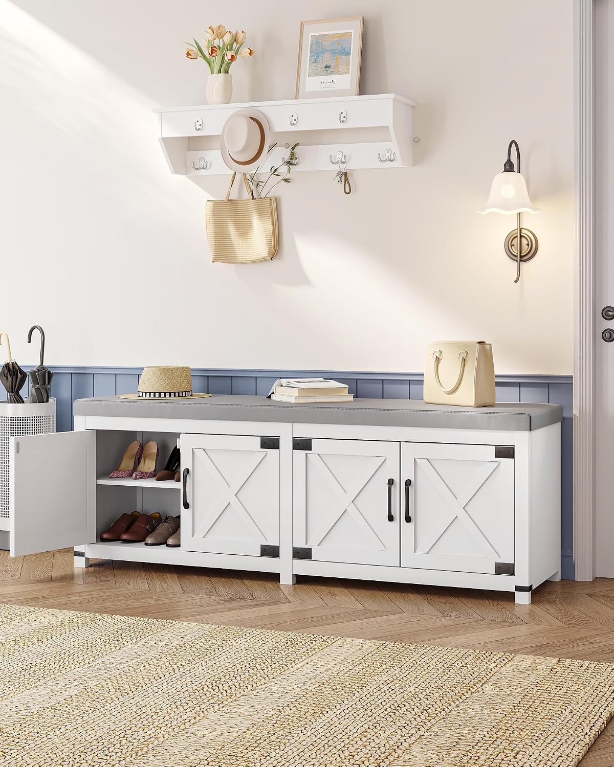 Hzuaneri Shoe Storage Bench, 2 Tier Shoe Bench with Padded Seat Cushion & 4 Barn Doors, 59' Entryway Bench with Adjustable Shelf, Farmhouse Shoe Cabinet for Living Room, Bedroom, White SB31503GY