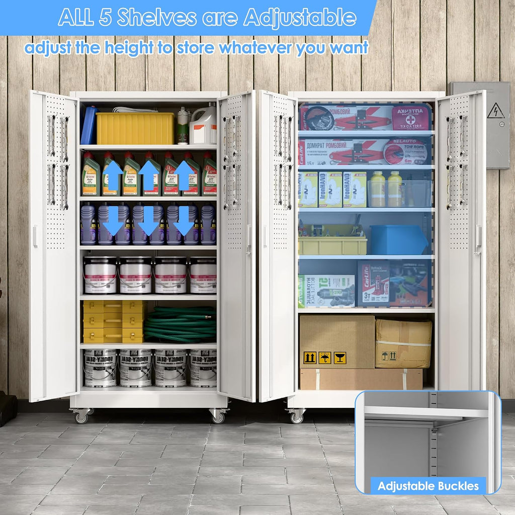 71' Tall Rolling Metal Storage Cabinet with Locking Doors, White Heavy Duty Tool Cabinet with Wheels, 5 Adjustable Shelves & Pegboards for, Workshop, Garage, Warehouse, Assembly Required