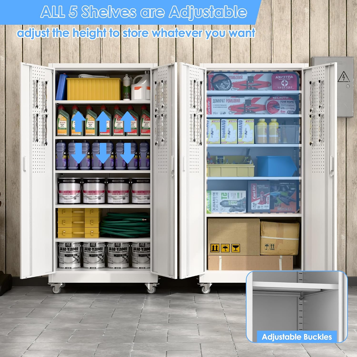71' Tall Rolling Metal Storage Cabinet with Locking Doors, White Heavy Duty Tool Cabinet with Wheels, 5 Adjustable Shelves & Pegboards for, Workshop, Garage, Warehouse, Assembly Required