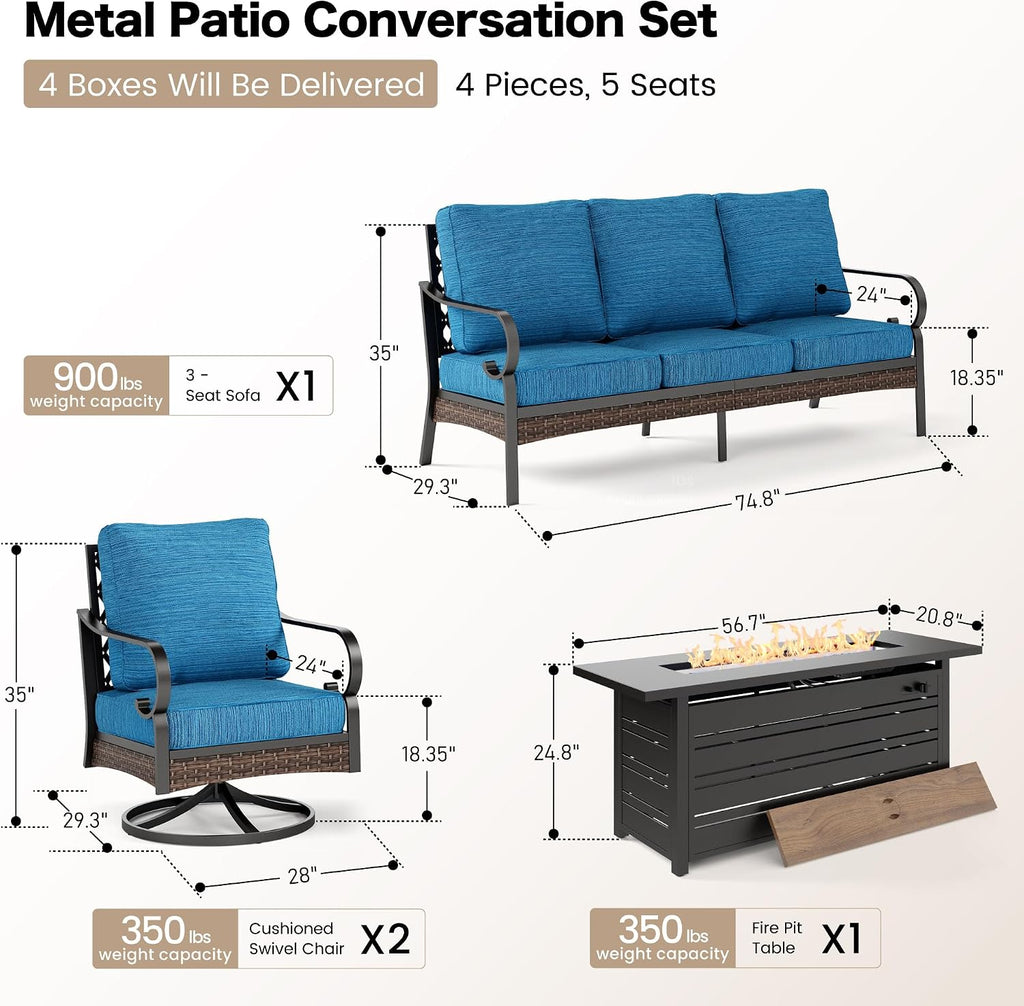 SUNSHINE VALLEY 4 Piece Black Metal Outdoor Patio Furniture Sets with Firepit Table, Patio Conversation Sets 1 3-Seater Sofa, 2 Swivel Sofa with 5.75' Thick Cushion Backyard Furniture for Deck, Blue-2