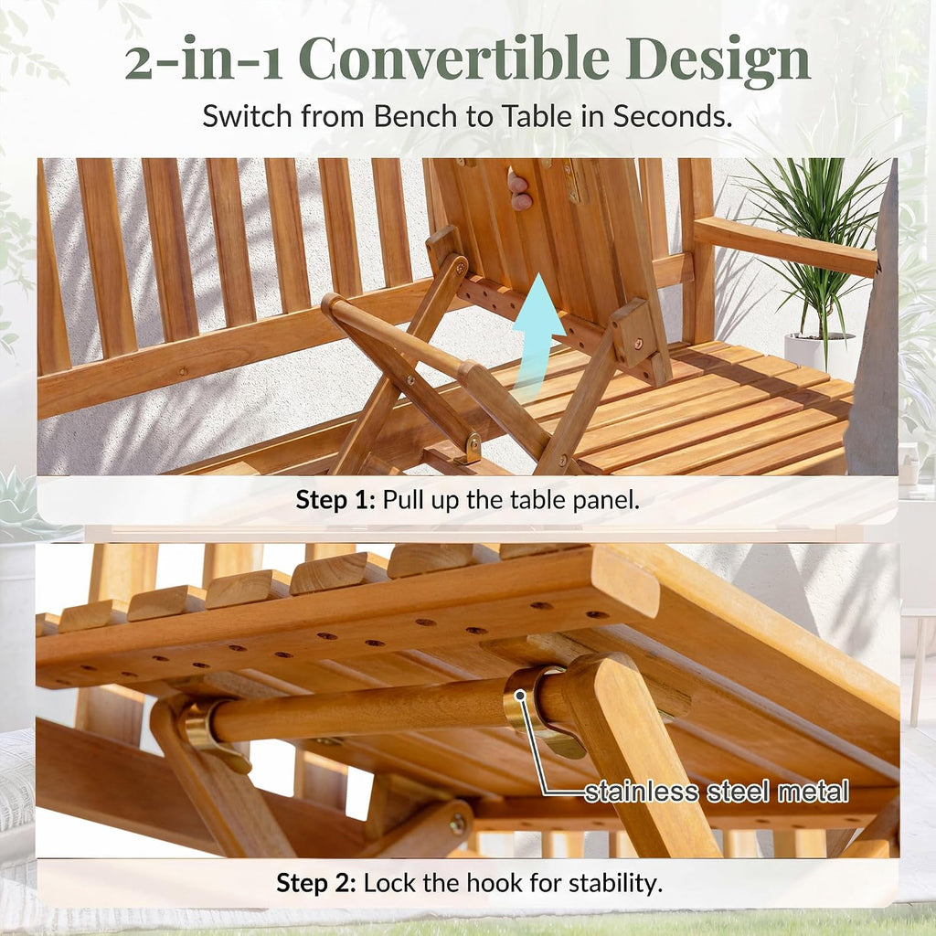 Devoko Outdoor Bench, 2-Person Garden Bench, Patio Wood Bench Outdoor Loveseat with Pull-Out Center Table for Backyard, Balcony and Patio and Garden (Log Color)