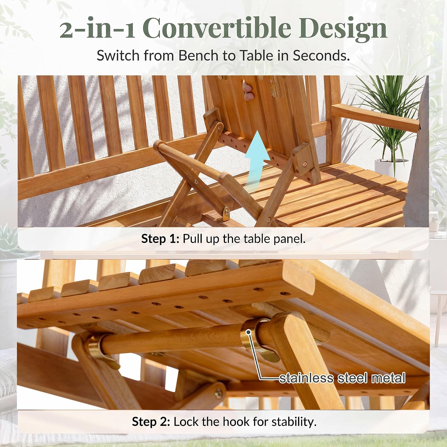 Devoko Outdoor Bench, 2-Person Garden Bench, Patio Wood Bench Outdoor Loveseat with Pull-Out Center Table for Backyard, Balcony and Patio and Garden (Log Color)