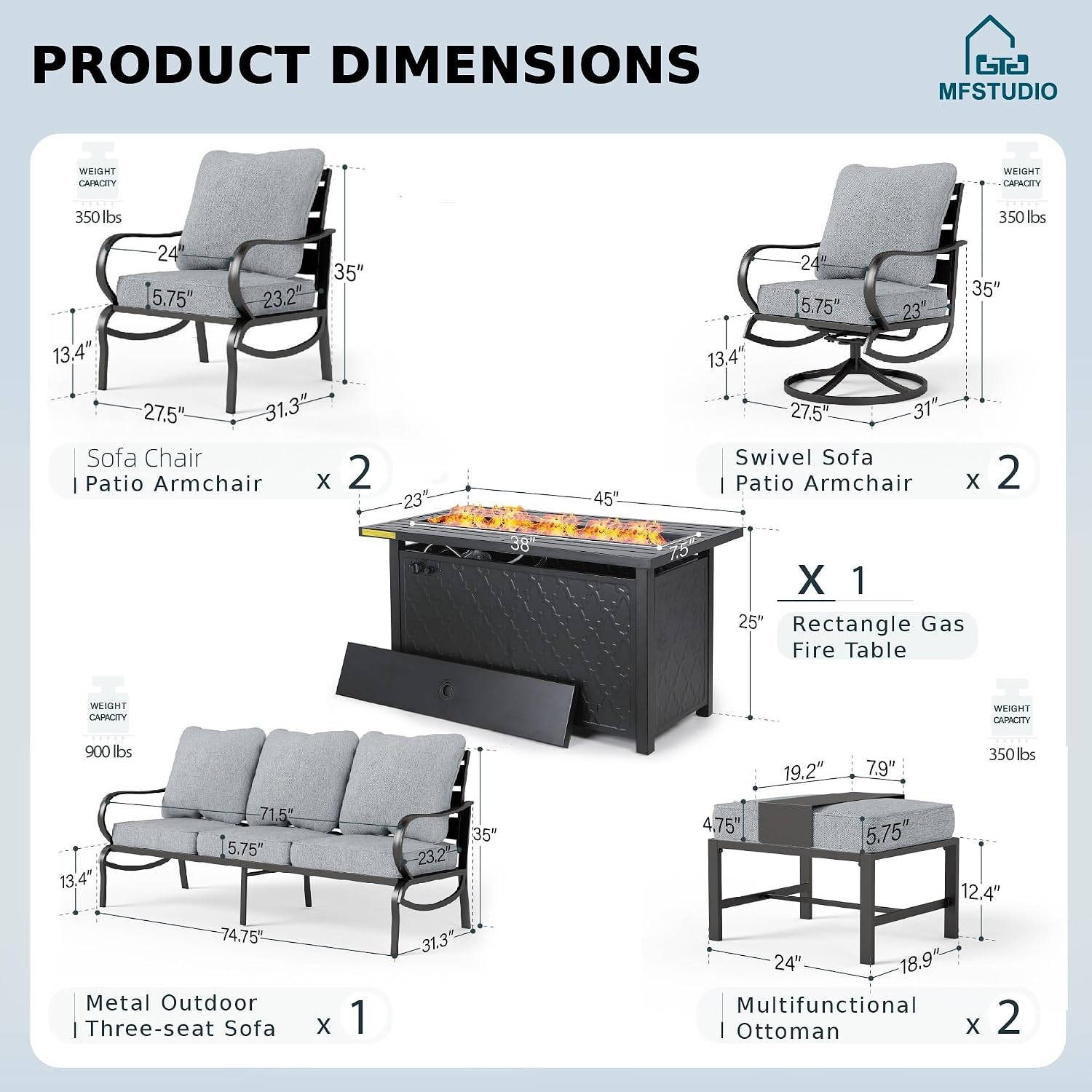 MFSTUDIO Patio Furniture Sets with 45' Gas Fire Pit Table, 8 Pieces Outdoor Metal Conversation Set with 1 x 3-Seat Sofa, 2 Single Chairs, 2 Swivel Chairs and 2 Ottomans, Grey Cushion