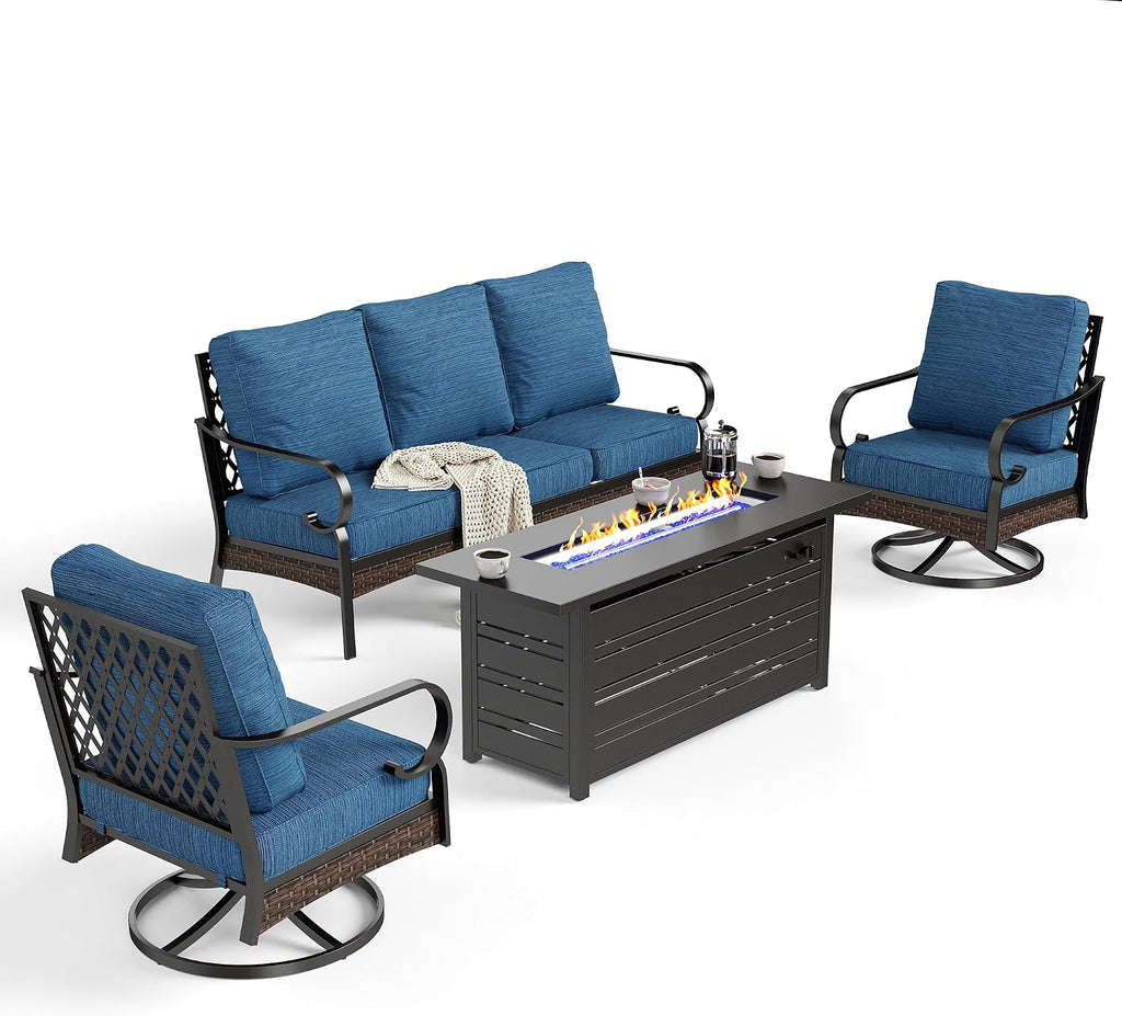 SUNSHINE VALLEY 4 Piece Black Metal Outdoor Patio Furniture Sets with Firepit Table, Patio Conversation Sets 1 3-Seater Sofa, 2 Swivel Sofa with 5.75' Thick Cushion Backyard Furniture for Deck, Blue-2