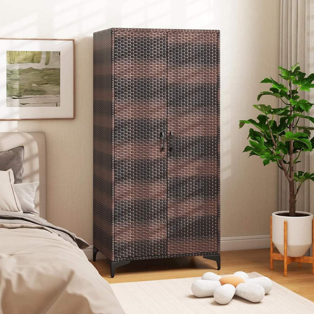 Giantex Wicker Storage Cabinet, 62' Tall Pantry Cabinet with 2 Doors, Hanging Rod, 4 Storage Cubes, Metal Legs, Anti-Tipping Device, PE Rattan Storage Cabinet for Home Office, Garage Cabinets (Brown)