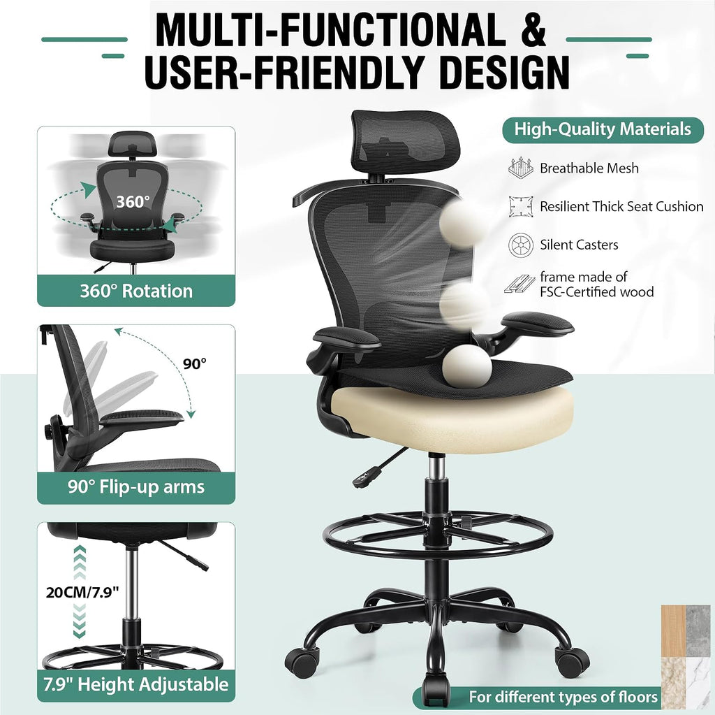 Drafting Chair, Tall Office Chair with 3D Lumbar & Head Support, Ergonomic Mesh Standing Desk Chair with Footring, Comfy Extended High Desk Chair with Flip-Up Arms & Hanger,Black