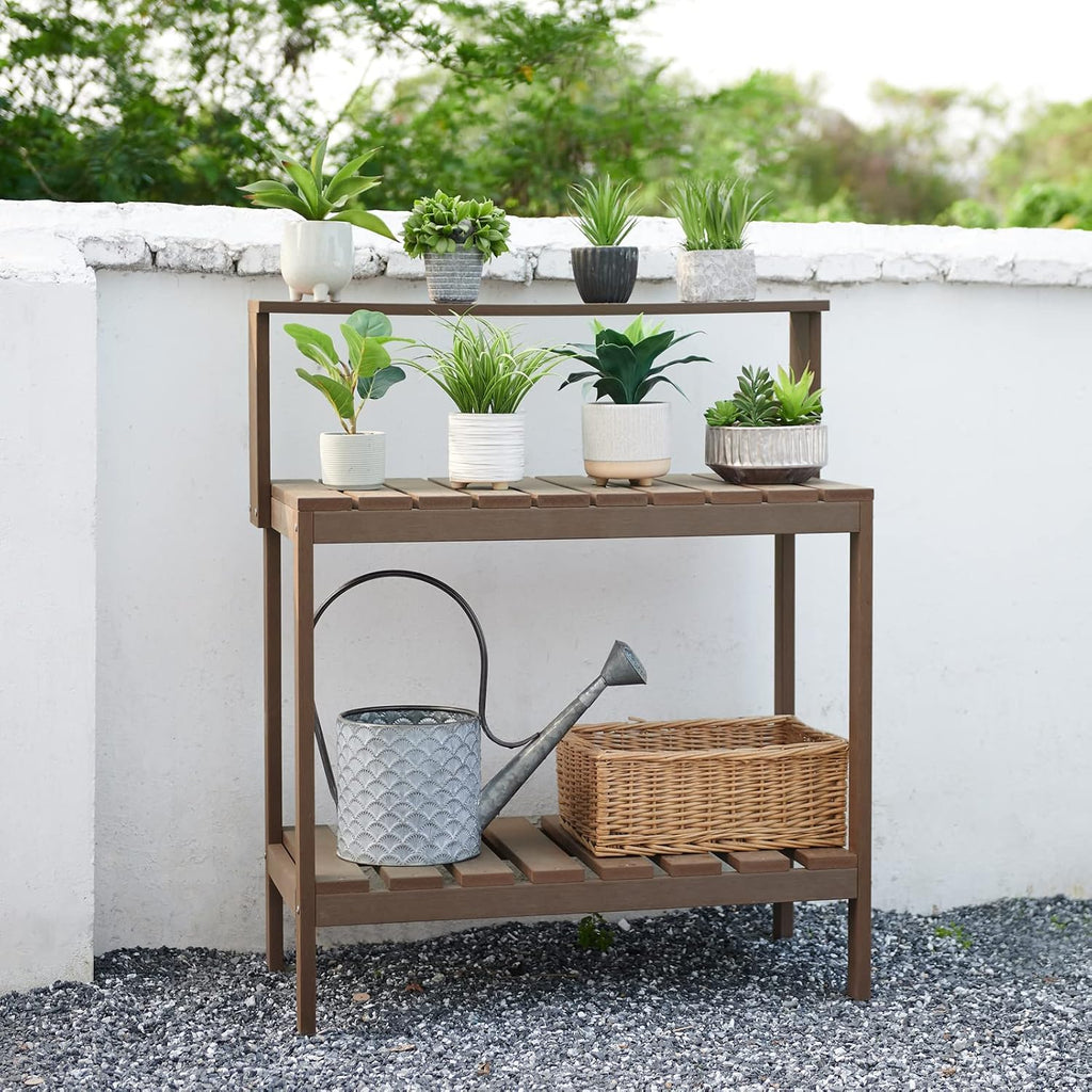 Psilvam Outdoor Potting Bench Table, HDPS Potting Bench with Storage, Outdoor Potting Table for Porch, No Rust, No Fade, Rot-Resistant (Brown)