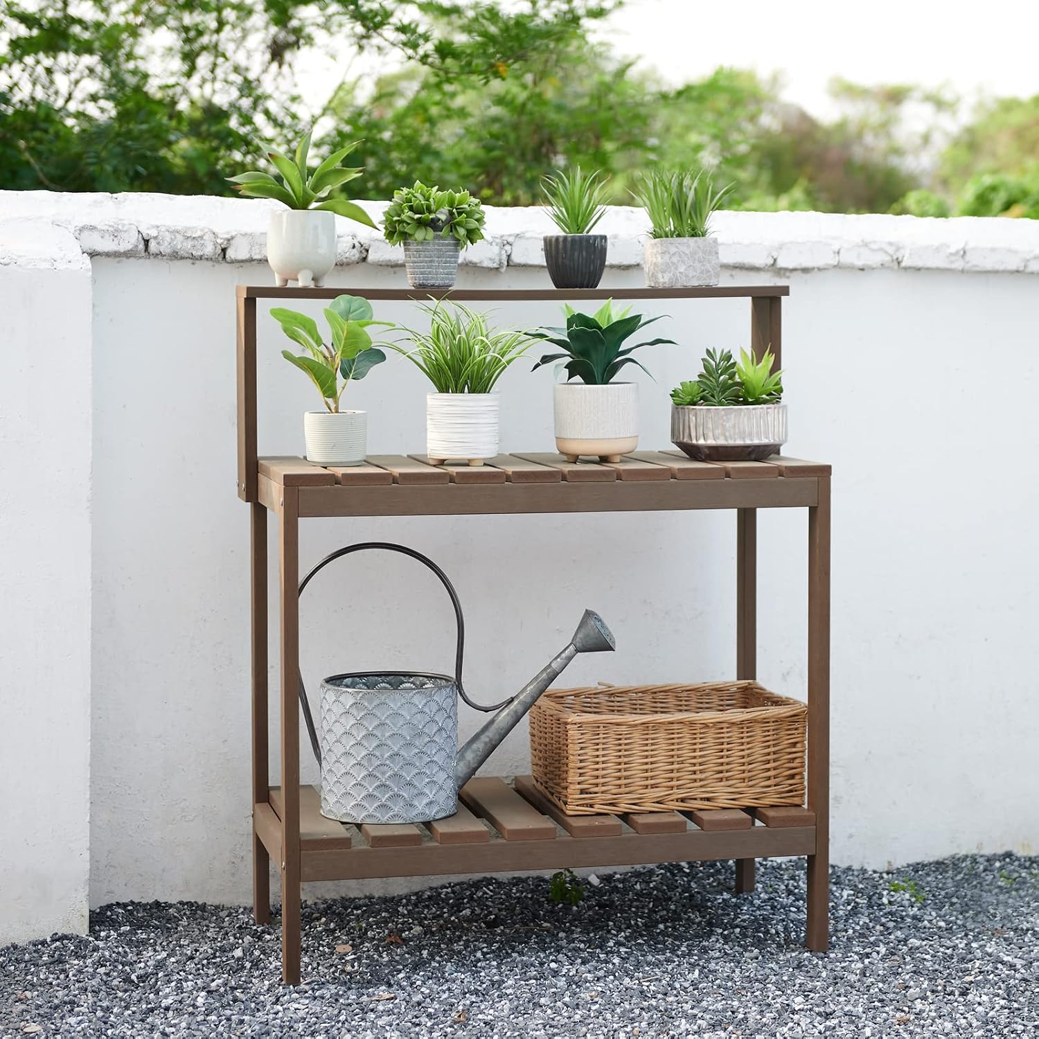 Psilvam Outdoor Potting Bench Table, HDPS Potting Bench with Storage, Outdoor Potting Table for Porch, No Rust, No Fade, Rot-Resistant (Brown)