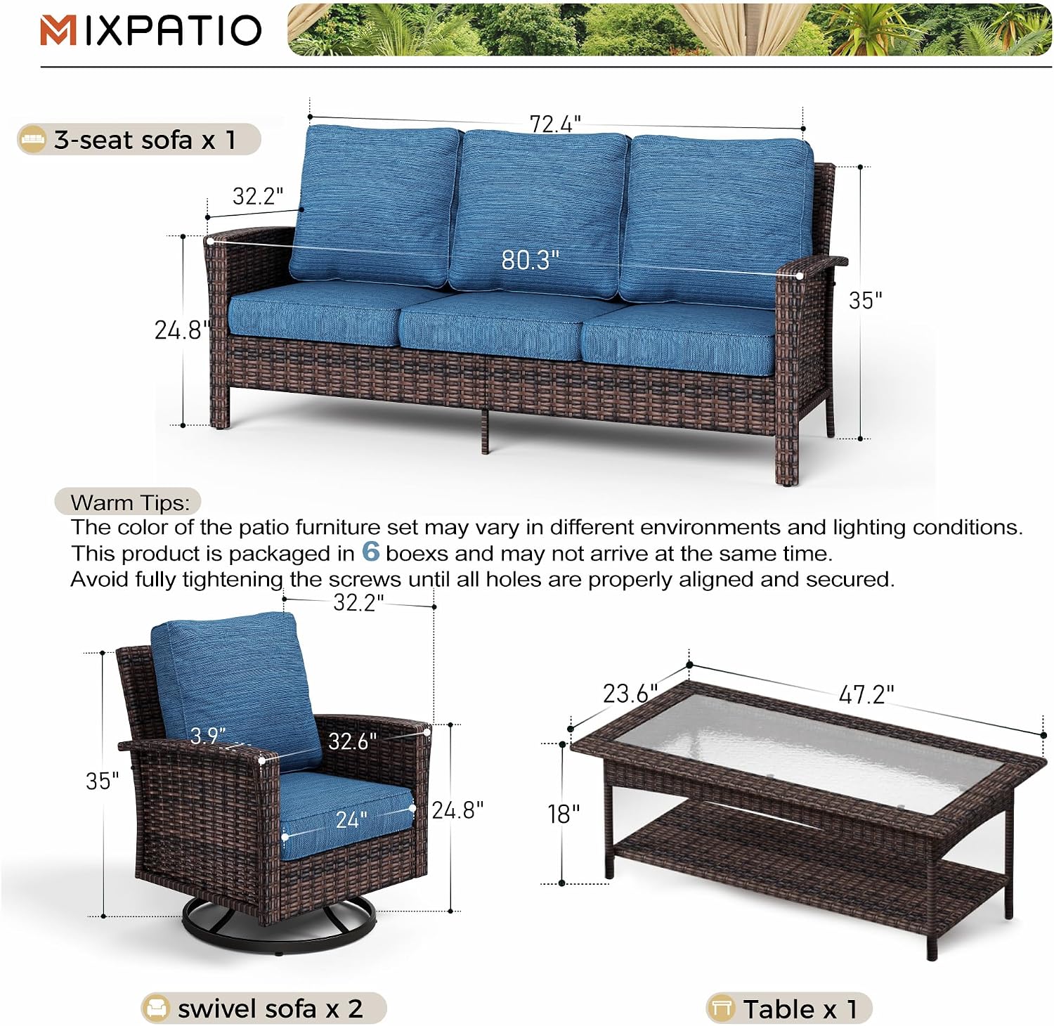 MIXPATIO Patio Furniture Set with High Back Swivel Chairs, 4-Piece Outdoor Conversation Sets with 5.5-inch Thick Cushion, All-Weather Wicker Patio Sofa Set for Deck Yard Pool, Navy Blue