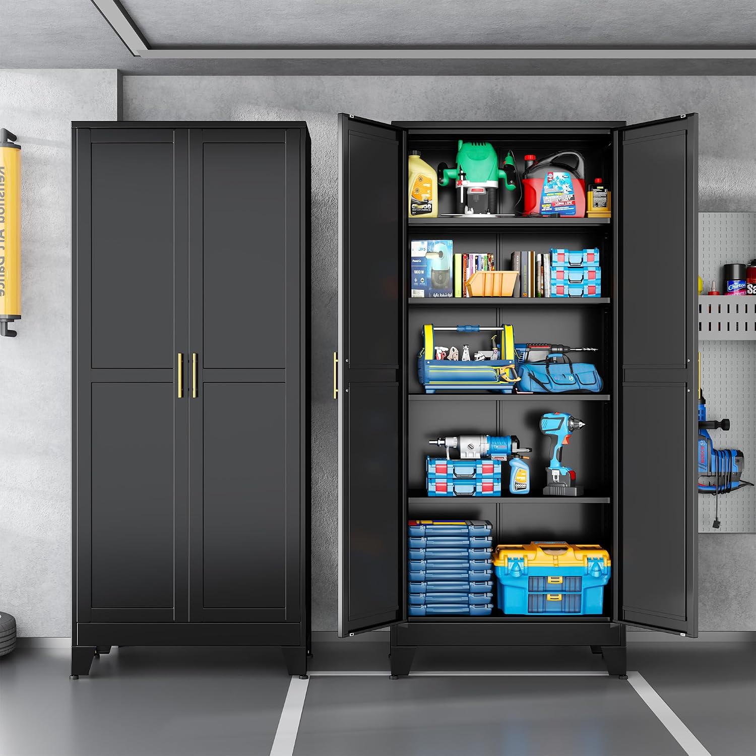 Black Metal Storage Cabinet,75' Steel Cabinets for Home Office, Kitchen Pantry Storage Cabinet with Doors and 5 Adjustable Shelves, Tool Cabinets, for Office, Home, Garage, School