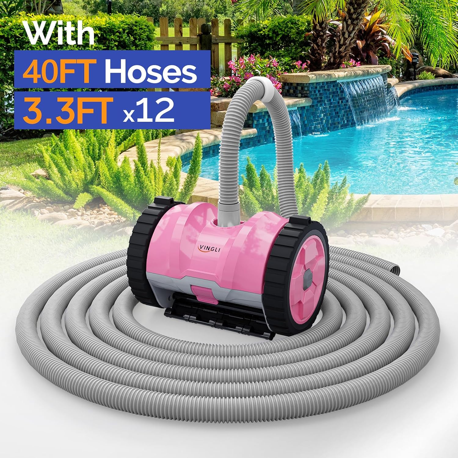 (2025 Upgrade) VINGLI Automatic Suction-Side Pool Vacuum Cleaner, Powerful Wall-Climbing Sweeper for Inground Pools, Includes 39.6ft Tangle-Free Hose (Pink&Gray)