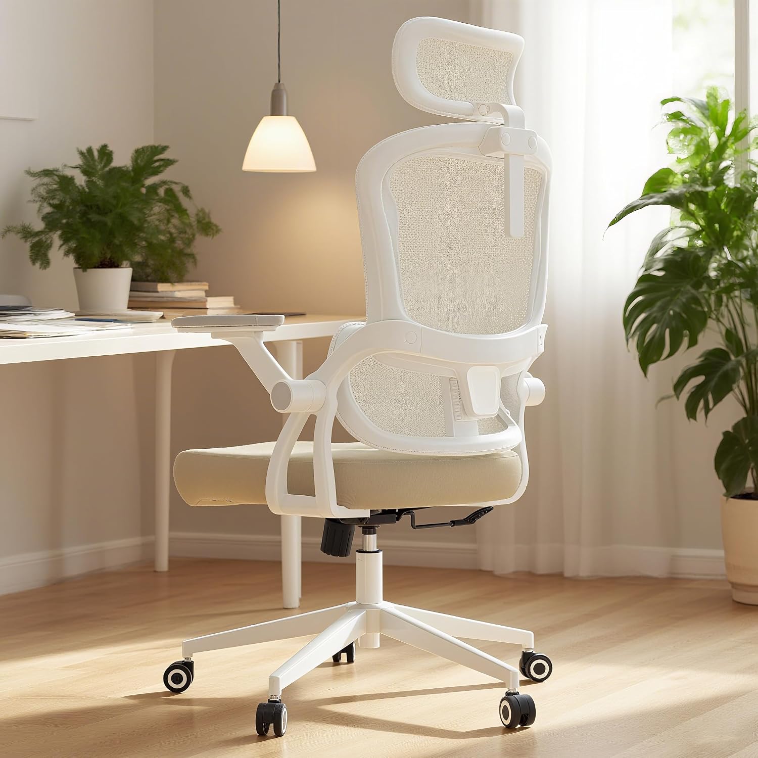 Monhey Ergonomic Office Chair, 90°-125° Tilt Back Home Desk Chair with 360° Swivel & Mute Wheels, High Back Mesh Computer Chair for Adults with Lumbar Support, 330 LBS Capacity (05Khaki)