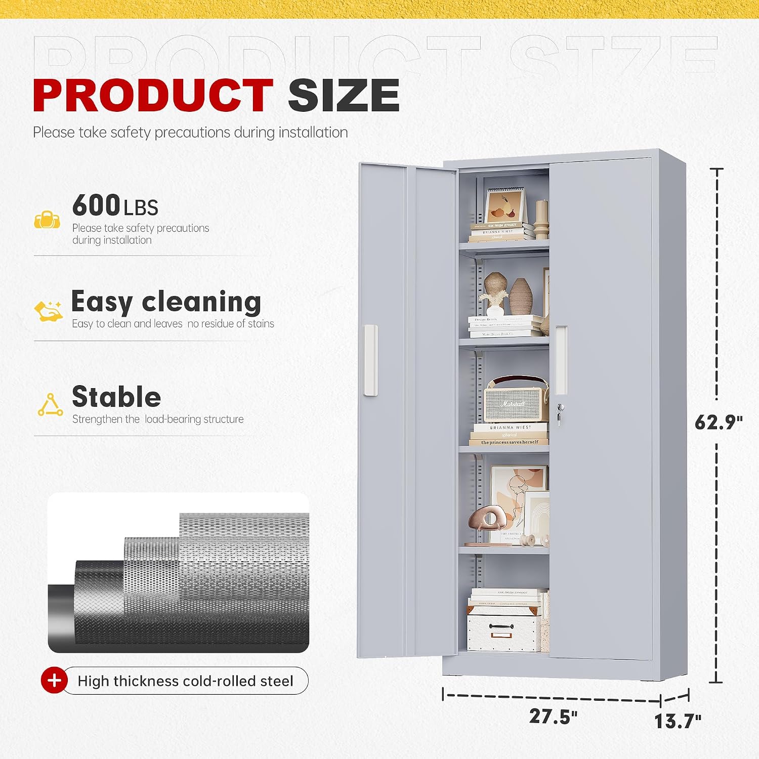 Superday 63' Lockable Steel Storage Cabinet, Locking Metal Storage Cabinets, Tall Grey Cabinet with 2 Doors and 4 Adjustable Shelves for Garage, Home Office, Classroom, Pantry, File