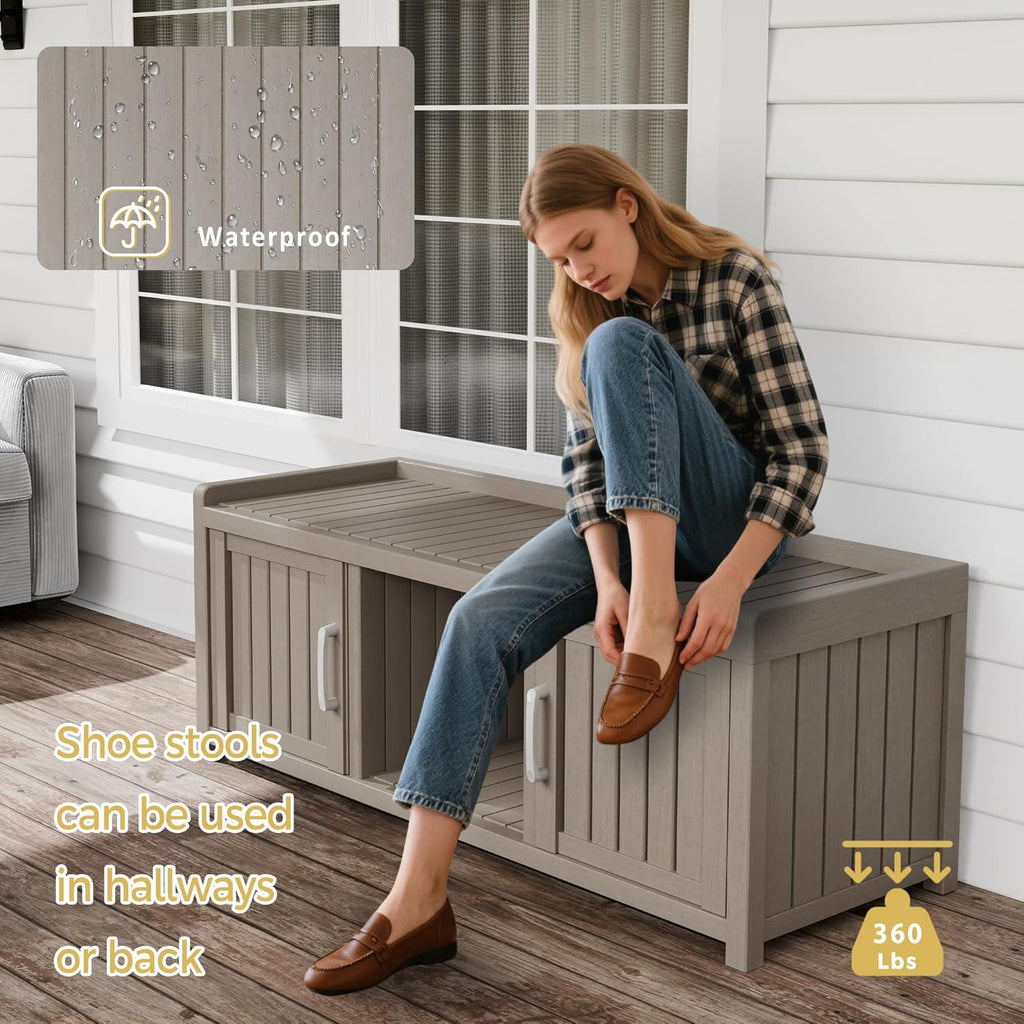 Storage Bench - Waterproof Resin Shoe Bench with Adjustable Shelves - Indoor & Outdoor Use, 2 Doors Entryway Bench with Hidden Storage Space - Storage Cabinet for Bedroom, Hallway, Grey