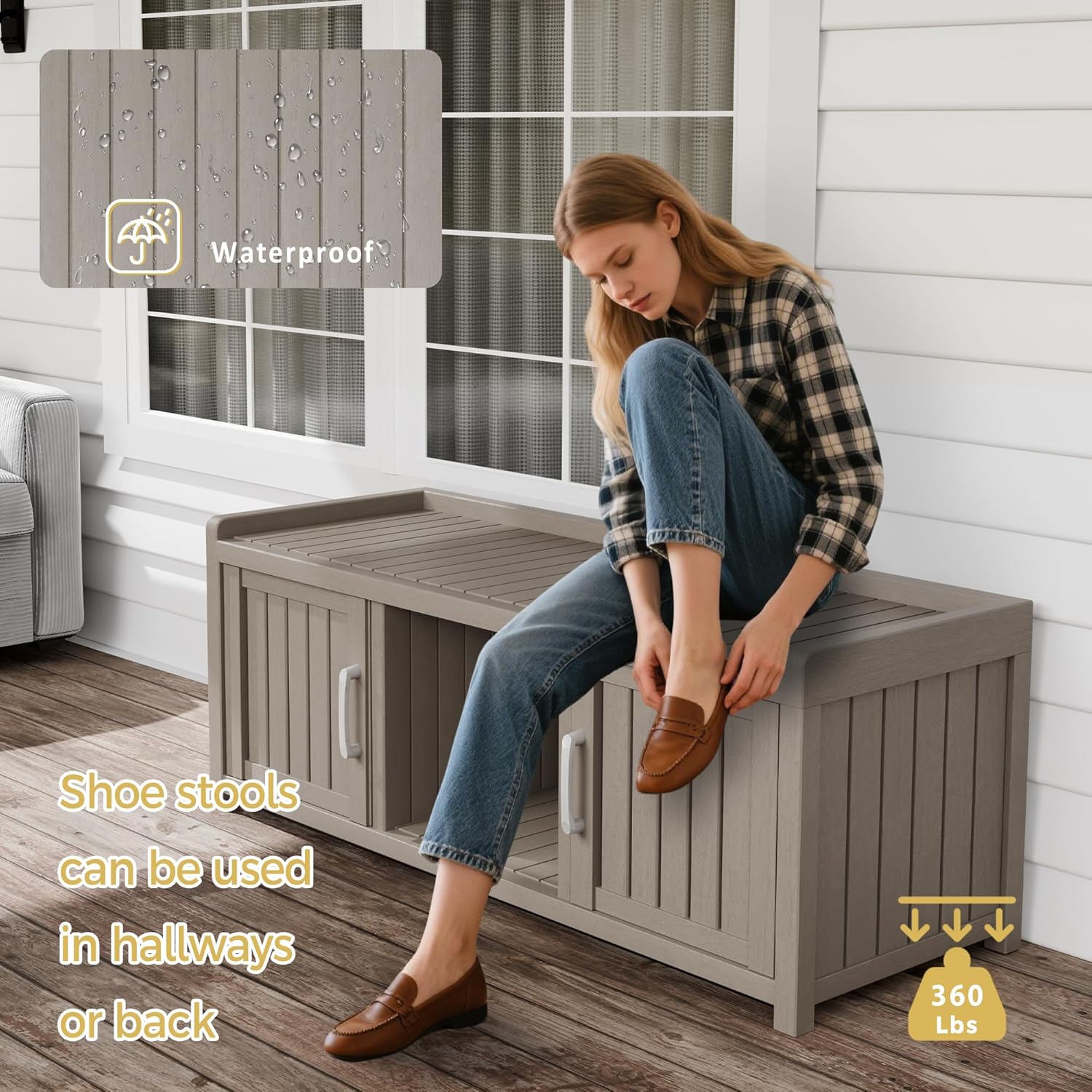Storage Bench - Waterproof Resin Shoe Bench with Adjustable Shelves - Indoor & Outdoor Use, 2 Doors Entryway Bench with Hidden Storage Space - Storage Cabinet for Bedroom, Hallway, Grey