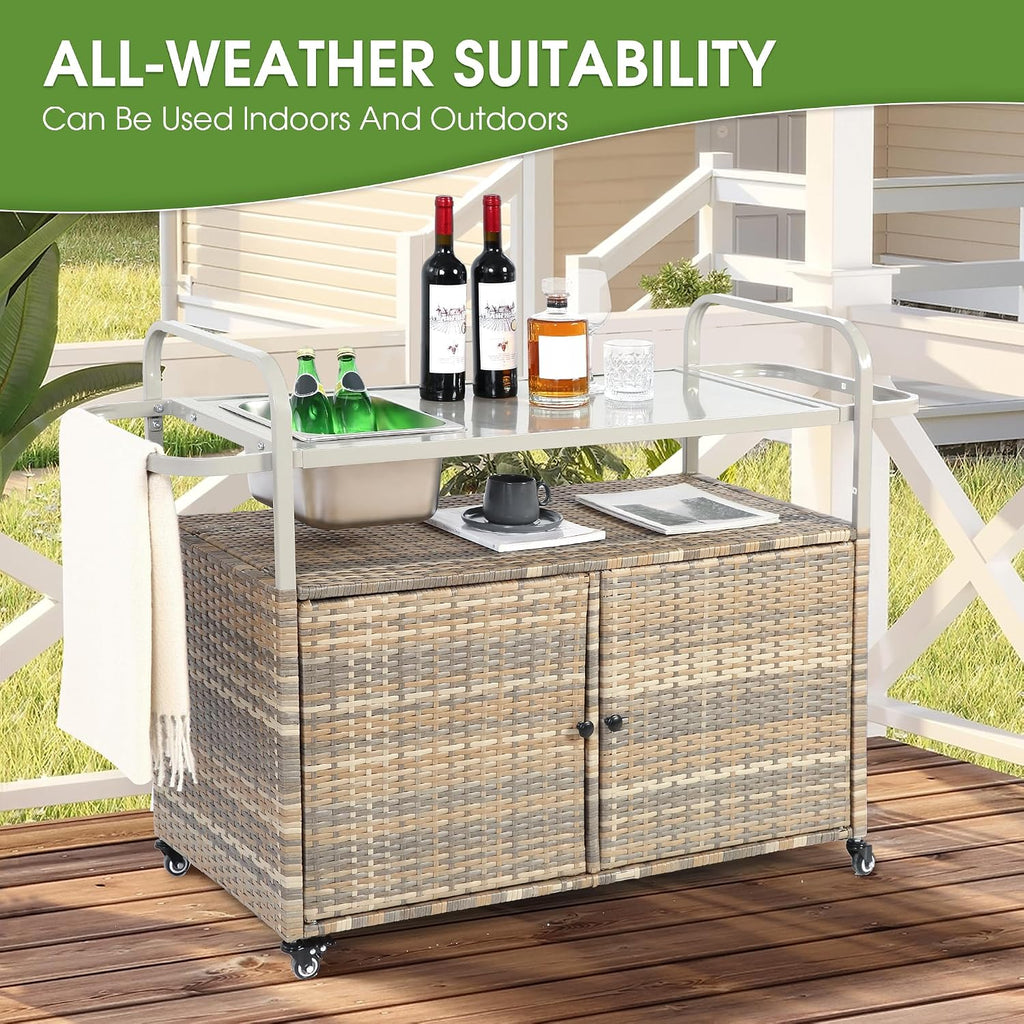 HOMEFUN Outdoor Kitchen Island Wicker Serving Console Cart & Grill Bar Table Waterproof with Wheels and Ice Bucket Backyard and BBQ Prep, Brown