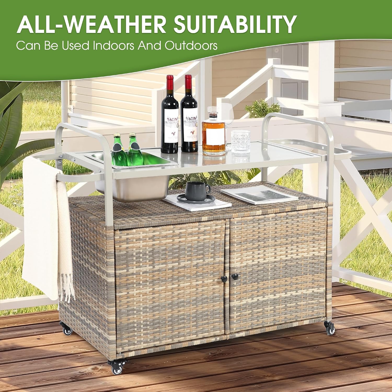 HOMEFUN Outdoor Kitchen Island Wicker Serving Console Cart & Grill Bar Table Waterproof with Wheels and Ice Bucket Backyard and BBQ Prep, Brown