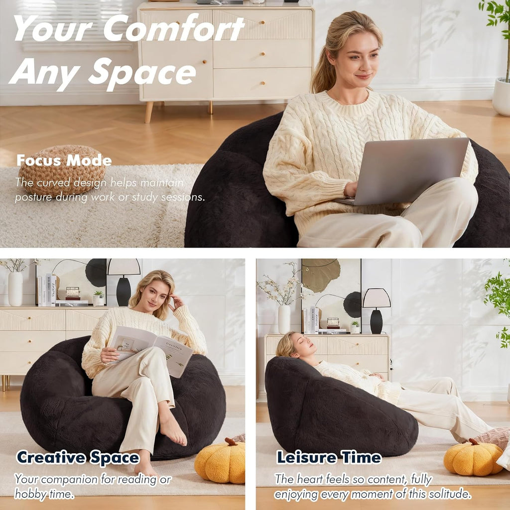 3.28 Feet Bean Bag Chair for Adults, Shell-Shaped Bean Bag Lazy Couch, Faux Fur Cloud Sofa Chair, Lounge Floor Sofa with Filler for Reading, Gaming & Watching, No Assembly Required (Black)