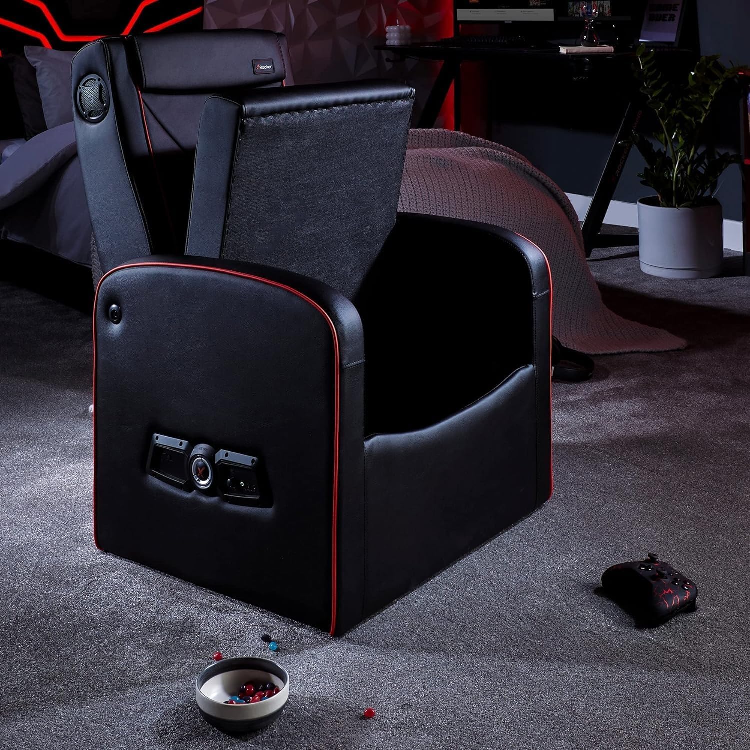 X-Rocker Luxe Ottoman Armchair Single Padded Seat with 2.1 Audio Speakers, Faux Leather Sofa Lounge Game Seat for Kids and Juniors, Console Gaming Chair with Storage for PS, XBOX, Nintendo - BLACK