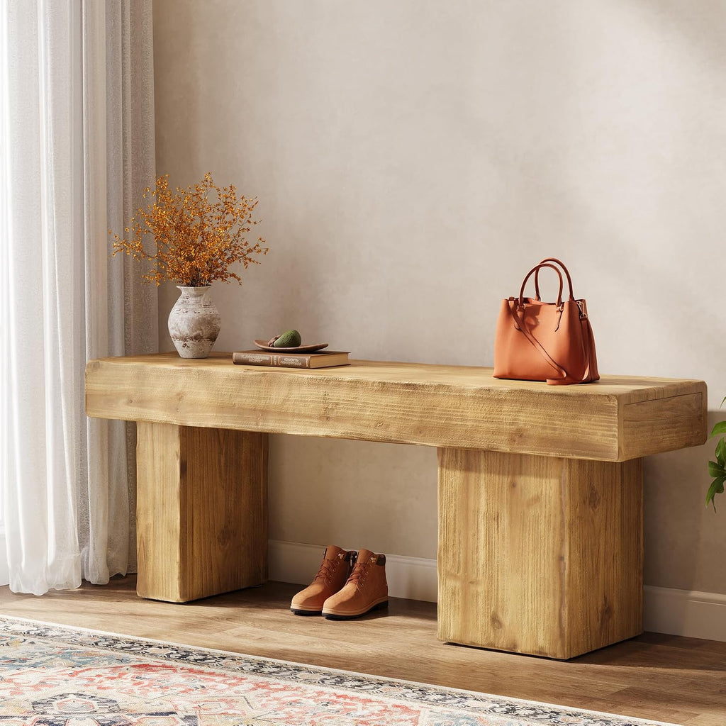 Solid Wood Bench, 47' Farmhouse Entryway Bench with Thickened Seat & Artistic Legs, Heavy Duty Indoor Bench for Bedroom, Hallway, Living Room, Indoor, Porch, Natural