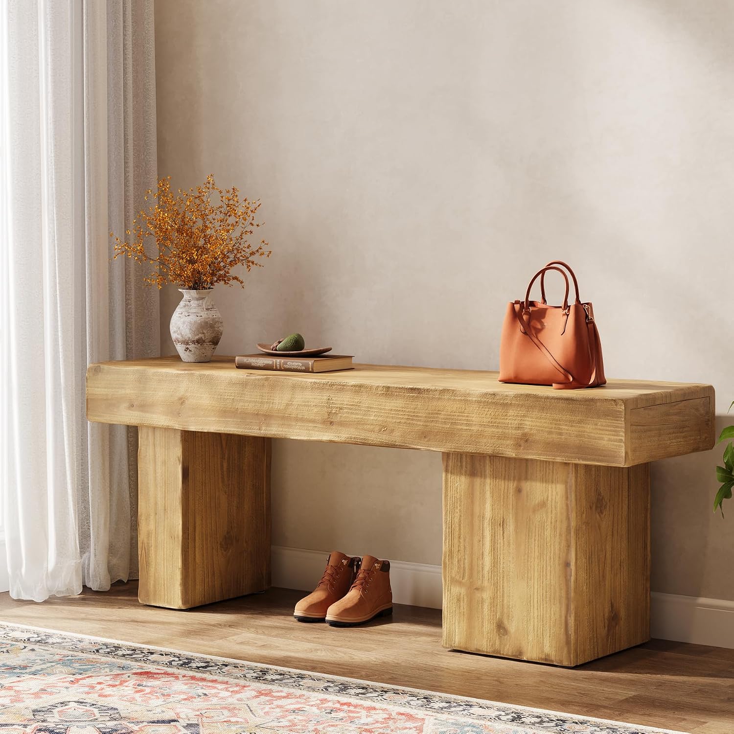 Solid Wood Bench, 47' Farmhouse Entryway Bench with Thickened Seat & Artistic Legs, Heavy Duty Indoor Bench for Bedroom, Hallway, Living Room, Indoor, Porch, Natural