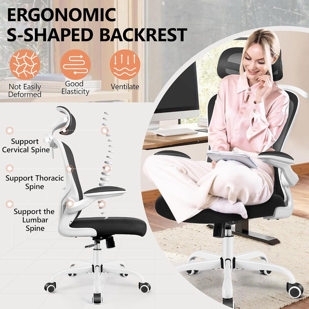 FelixKing Office Chair with Headrest, Ergonomic Desk Chair with Wheels, Task Swivel Comfy Chair with Adjustable Lumbar Support, Breathable Mesh Computer Chair with flip-up Armrests (White)
