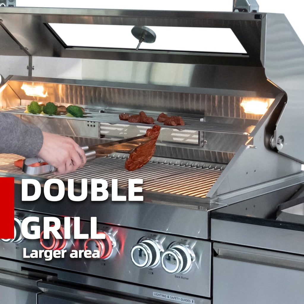 Modular Outdoor Kitchen BBQ Island, 85' Outdoor Kitchen Propane Gas Island Grill with Sink, Compact Refrigerator, Storage Cabinets, Rotisserie Kit (Silver, 85')