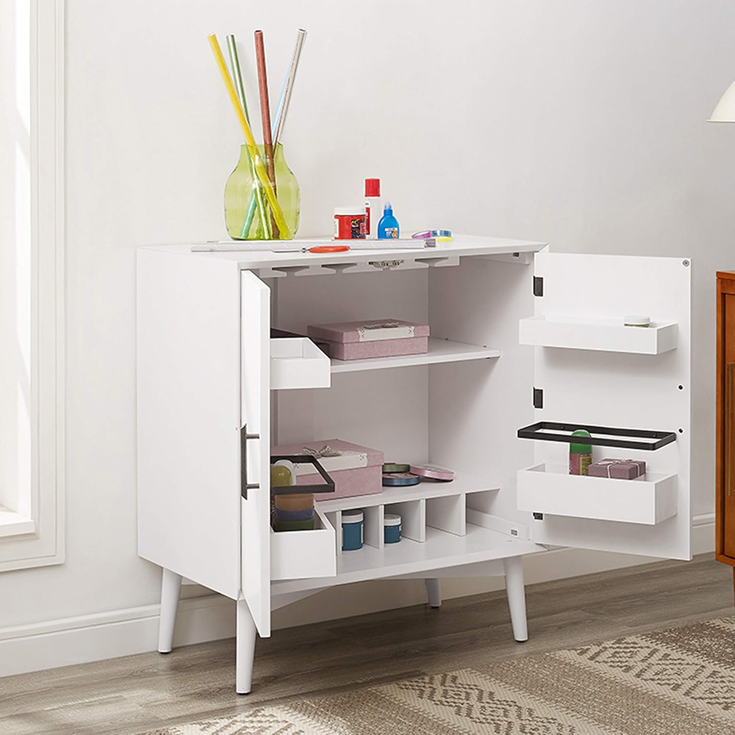 Crosley Furniture Landon Bar Cabinet with Storage Shelves and Wine Rack, White