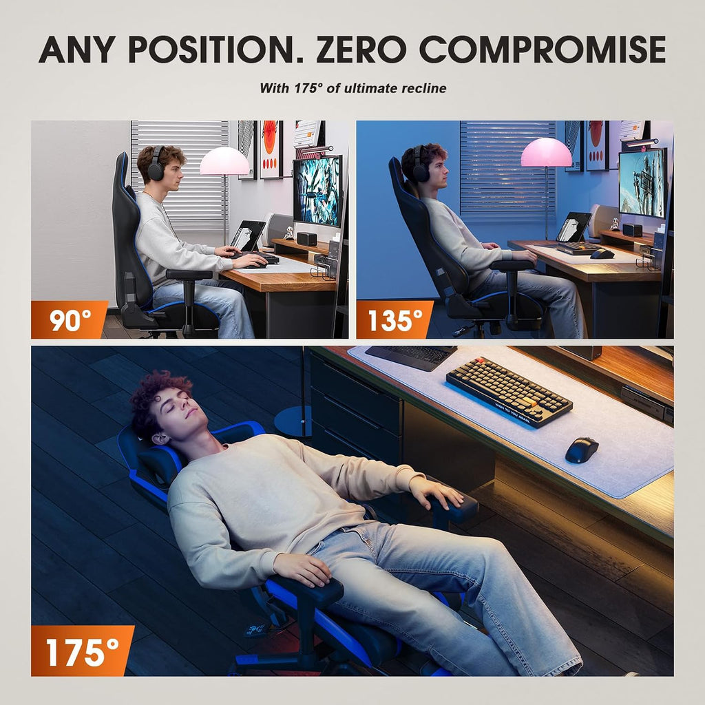 Douxlife 3D Kneading Massage Gaming Chair with Footrest, 400lbs Heavy Duty PC Computer Desk Chair for Adults, Adjustable 2D Armrests, Ergonomic 175° Recline & Optional Heat, Black&Blue